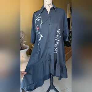 Made In Italy Black Graphic Cotton Shirt Dress High Low Hem Size M/L
